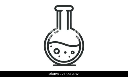 Ein schwarzes Vektorsymbol eines Rundkolbens mit sprudelnder Flüssigkeit, ein Hinweis auf Laborforschung und chemische Experimente. Stock Vektor