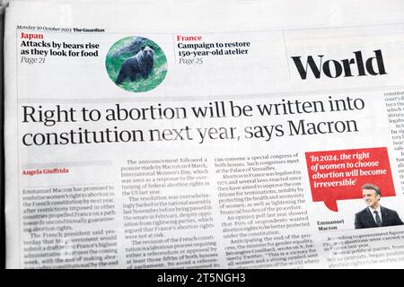 „Das Recht auf Abtreibung wird nächstes Jahr in die Verfassung geschrieben, sagt Macron' Guardian Zeitung Schlagzeile Französisch Frauengesundheit Frankreich artikel London UK Stockfoto