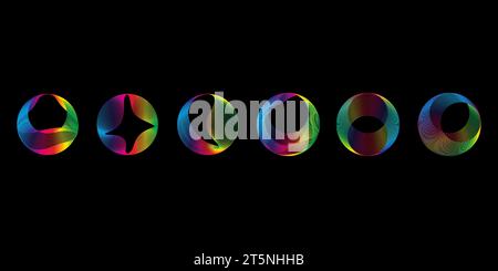 Klingen Sie sanfte Wellen verschiedener Formen, und stellen Sie den Equalizer Rainbow Farbverlauf ein. Geometrische Vektorformen isoliert auf schwarzem Hintergrund Stock Vektor