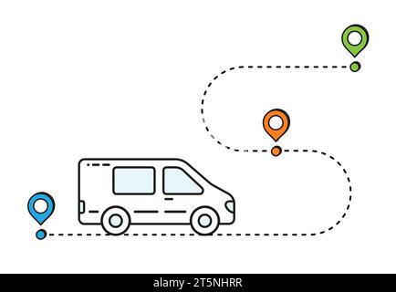 Lieferart. Bus- und Kartensymbol. Blau, grün, orange, weiß. Vektor. Straße. Grafik. Stock Vektor