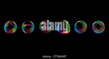 Klingen Sie sanfte Wellen verschiedener Formen, und stellen Sie den Equalizer Rainbow Farbverlauf ein. Geometrische Vektorformen isoliert auf schwarzem Hintergrund Stock Vektor