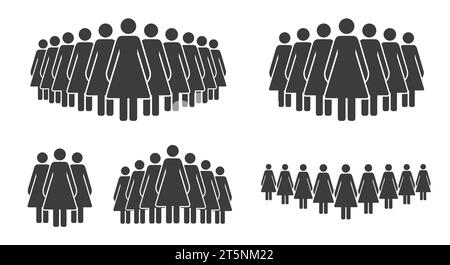 Große und kleine schwarze Gruppen von Frauen. Stabfiguren, die die Menschen mit den Symbolen sehen. Illustration des flachen Vektors auf weißem Hintergrund isoliert. Stock Vektor