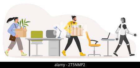 Die Leute kommen mit Box zur Arbeit. Roboter trifft sich, streckt ihre Hand zur Begrüßung aus. Personalbeschaffung. Zusammenarbeit, gemeinsame Arbeit. Bürokonzept. Bei der Arbeit einstellen. Stock Vektor