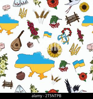Helles nahtloses Vektormuster mit Elementen und Symbolen der Ukraine auf hellem Hintergrund Stock Vektor
