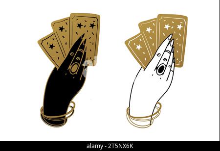 Die Hand einer Frau hält ein Deck mit Tarot-Karten. Satz von Symbolen in Schwarz und Gold. Das Konzept des Glücks, der Hexerei, des Schicksals, des Kartenspiels. Vektor Stock Vektor