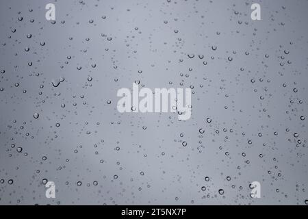 Regen tropft auf die Fensterscheibe. Herbststimmung in Grautönen. Verschwommene Regentropfen. Stockfoto