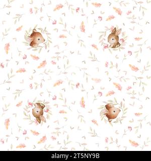 Nahtlose Muster Hirsch und Kaninchen, Aquarell Waldtiere, Boho Baby Aquarell, Waldtiere Wallpaper, Weißer Hintergrund Stockfoto