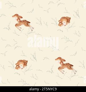 Hirsch Aquarell Muster, Boho Baby Aquarell, Wald Fawn Nahtlose Muster, Aquarell Waldtiere, Hellgrüner Hintergrund Stockfoto