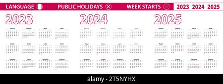 2023, 2024, 2025 Jahre Vektorkalender in italienischer Sprache, Woche beginnt am Sonntag. Vektorkalender. Stock Vektor