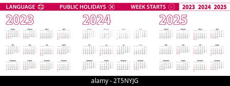 2023, 2024, 2025 Jahre Vektorkalender in englischer Sprache, Woche beginnt am Sonntag. Vektorkalender. Stock Vektor