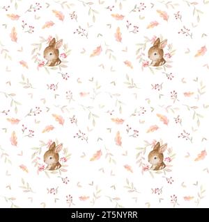 Kaninchen Nahtlose Muster, Little Rabbit Aquarell, Waldtiere Wallpaper, Boho Baby Aquarell, Herbstmuster, Weißer Hintergrund Stockfoto