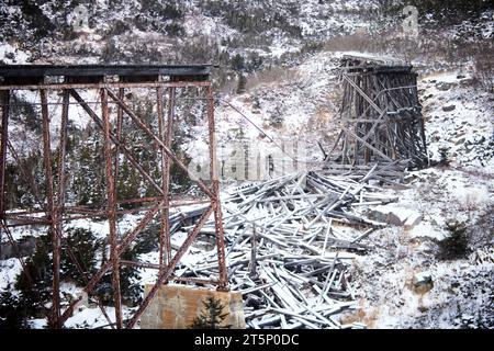 Skagway Alaska brach Brücke auf der White Pass and Yukon Route (WP&Y, WP&YR) Railway auf Stockfoto