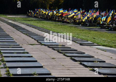 Lviv, Ukraine. 30. Oktober 2023. Allgemeine Ansicht der sowjetischen Gedenktafeln auf dem Marsfeld des Lytschakiw-Friedhofs in Lemberg, die sich neben den Begräbnissen ukrainischer Soldaten befinden, die im russisch-ukrainischen Krieg gestorben sind. (Foto: Pavlo Palamarchuk/SOPA Images/SIPA USA) Credit: SIPA USA/Alamy Live News Stockfoto