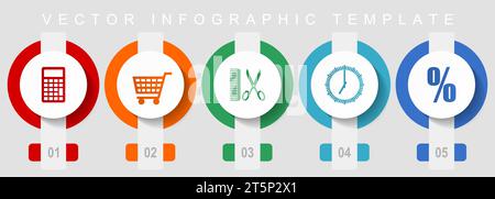 Flaches Design-Symbolset, verschiedene Symbole wie Taschenrechner, Warenkorb, Friseur, Uhr und Prozent, Vektor-Infografik-Vorlage, Webschaltflächen colle Stock Vektor