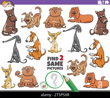 Cartoon-Darstellung, wie man zwei gleiche Bilder findet, ein Lernspiel mit Comichunden, Tierfiguren Stock Vektor