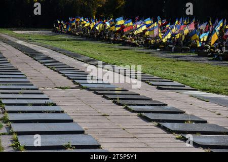 Lviv, Ukraine. 30. Oktober 2023. Allgemeine Ansicht der sowjetischen Gedenktafeln auf dem Marsfeld des Lytschakiw-Friedhofs in Lemberg, die sich neben den Begräbnissen ukrainischer Soldaten befinden, die im russisch-ukrainischen Krieg gestorben sind. (Credit Image: © Pavlo Palamarchuk/SOPA images via ZUMA Press Wire) NUR REDAKTIONELLE VERWENDUNG! Nicht für kommerzielle ZWECKE! Stockfoto
