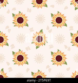 Nahtloses Cartoon-Sonnenblumenmuster. Wiederholte Sommerpflanze. Landwirtschaftliche Ölsaatenkultur. Blumenelemente. Ernte von Naturprodukten. Sonnige Blüten. Garten Stock Vektor