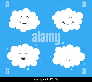 Niedliche Wolken. Lächeln und lecker fröhliches Gesicht. Wolkensymbole. Vektor Stock Vektor