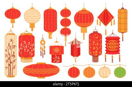 Chinesische rote Laternen. Traditionelle asiatische Festelemente. Dekorative japanische Hängeobjekte aus Reispapier. Lampen Formen. Blumenschmuck Stock Vektor