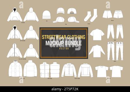 Streetwear Kleidung Vektor Mockup Bundle Mode Flat Design Vorlage Illustrator Vektor Tech Pack Blank Mode Technische Skizze Streetwear Flat Fash Stock Vektor