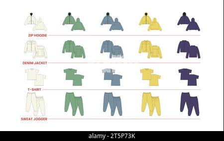 Streetwear Hoodie Vektor Kleidung Mockup Set Trainingsanzüge Mode flache Illustration blank Reißverschluss Hoodies T-Shirt Mode Technische Sketch Streetwear Sweats Stock Vektor