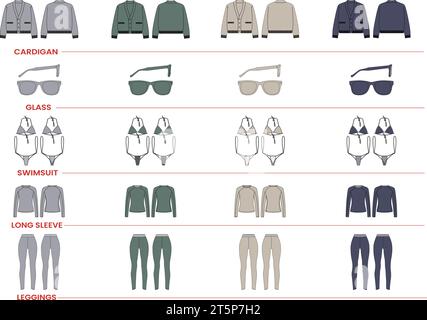 Frauen Badeanzug flach Sketch Cardigan Mode Illustration Damenmode Technische Zeichnungen Vektor Mockup Vorlage Damen Langarm T-Shirt Leggings FAS Stock Vektor