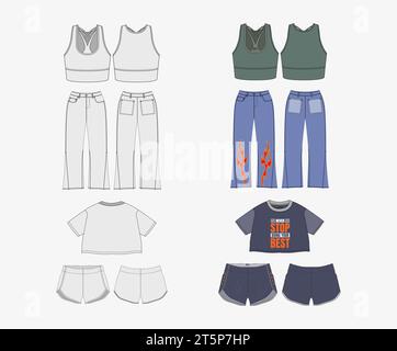 Frauen Sport-BH-Hosen Technische Zeichnung Illustration blank kurz T-Shirt Shorts Mock-up Vorlage Mode flach CAD Mockups Damenmode T-Shirt Flats V Stock Vektor