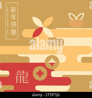 Chinesisches Neujahr 2024, Jahr des Drachen. Chinesisches Neujahrsbanner mit Drachen im geometrischen Stil. Übersetzung aus dem Chinesischen - Happy New Year Stock Vektor