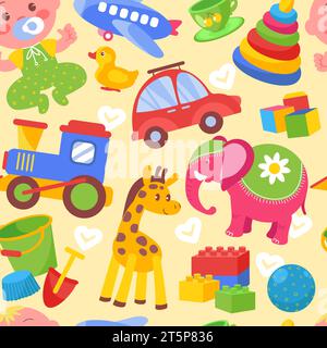 Nahtloses Muster für Kinderspielzeuge. Spielelemente für Babys. Bunte Puppen. Plüschtiere. Bälle und Autos. Zug und Flugzeug. Schaufel mit Schaufel. Kinderspiel Stock Vektor
