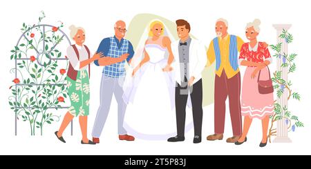 Hochzeitszeremonie Vektor Illustration mit glücklicher Braut und Bräutigam Stock Vektor