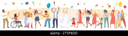 Glückliche tanzende Charaktere, die Hochzeit Vektor Illustration feiern Stock Vektor