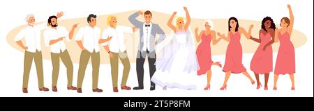 Hochzeitsparty-Vektor-Illustration mit Braut und Bräutigam tanzen Stock Vektor