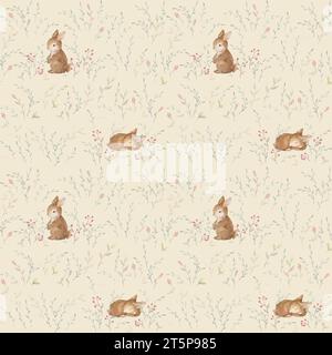Nahtloses Kaninchen-Muster. Little Rabbit Aquarell. Waldtiere Hintergrundbild. Beigefarbener Hintergrund Stockfoto
