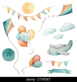 Kite Watercolor Clipart, Flugzeuge Ribbon Sky Clipart, Baby Boy Announcement Clipart, Watercolor Balloon Cipart, Summer Watercolor Clipart Stockfoto