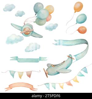 Flugzeuge Ribbon Sky Clipart, Baby Boy Airplane Clipart, Baby Boy Ansage Clipart, Watercolor Ballon Cipart, Watercolor Ribbon Clip Art Stockfoto