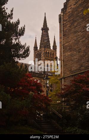 Glasgow University im Herbst. Der riesige Universitätsturm ist durch die Herbstbaumlinie zu sehen. Eine wunderschöne Kollektion von Leave-Farben finden Sie auf t Stockfoto