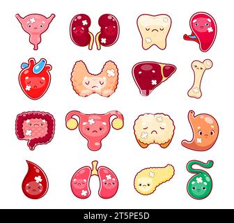 Cartoon kranke Körper Organfiguren. Verletzte und ungesunde Blase, Niere, Zahn, Herz und Schilddrüse, Leber, Knochen, Darm und Uterus, Magen, Blut, Tropfen, Lungen isolierte Vektororganfiguren Stock Vektor
