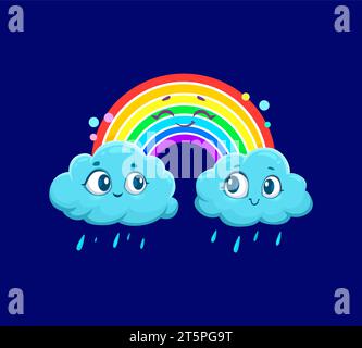 Niedliche Regenbogenwetter-Charaktere. Vektor fröhliche, skurrile blaue Regenwolken mit lächelnden Gesichtern und farbenfrohen Bogen mit lebhaften Farbtönen und schelmischen Ausdrucksformen für die Prognose Stock Vektor