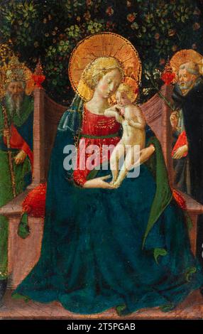 Benozzo Gozzoli. Gemälde mit dem Titel "Jungfrau und Kind mit einem päpstlichen Heiligen und dem Heiligen Dominikus" von Benozzo Gozzoli (ca. 1421-1497), Tempera auf Tafel, ca. 1430-35 Stockfoto