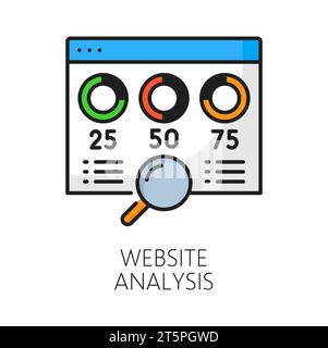 Website-Analyse. Web-Audit-Symbol für Vektor-SEO oder Suchmaschinenoptimierung, statistische Infografiken, dünne Webseiten und Tortendiagramme. Website-Entwicklung, digitales Geschäft und E-Commerce Stock Vektor
