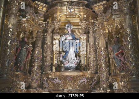 Calahorra, Kathedrale Santa Maria (17. Jahrhundert). Barockaltarbild in La Capilla de la Inmaculada (18. Jahrhundert). La Cienz, Spanien. Stockfoto