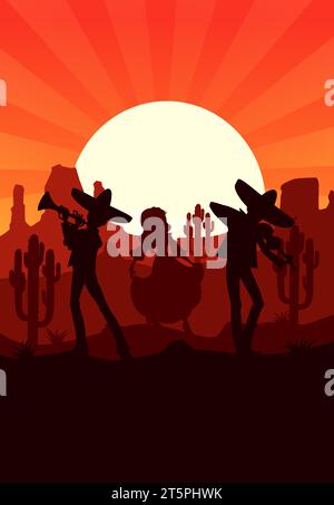 Sonnenuntergang in der mexikanischen Wüste. Silhouetten von tanzenden Frauen und Mariachi-Musikern Vektorfiguren in Sombreros, die Trompete und Geige auf Wüstenlandschaften mit Kakteen, Bergen und Sonne spielen Stock Vektor