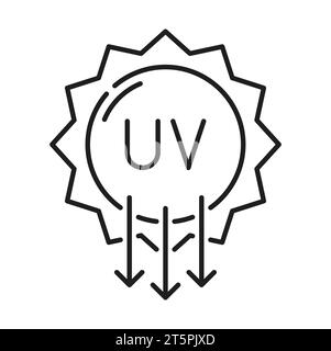 Design mit Sonnenschutz-Symbol. UV-Symbol. SPF-Zeichen, ultraviolette Strahlung. Vektor-Sonnenlicht-Strahlungswellen, Pfeile nach unten zeigen Stock Vektor