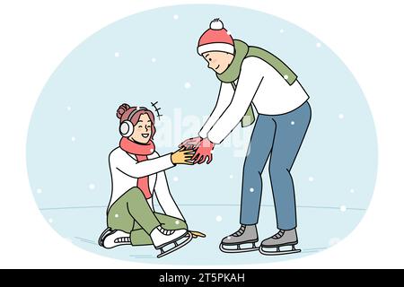 Ein fürsorglicher junger Mann hilft einer Frau, auf eine Eisbahn zu fallen. Glückliches Paar, das in den Winterferien auf der Eisbahn läuft. Hobby und Unterhaltung. Vektordarstellung. Stock Vektor
