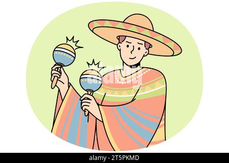 Der Latino-Mann in Nationalkostüm, Sombrero spielt Maracas. Ein Typ in traditionellem mexikanischem Outfit, breiter Hut, hält Schachtel, Schüttler oder kubanische Klappern. Farbige Vektorlinie. Stock Vektor