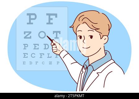 Lächelnder männlicher Arzt in weißer Uniform zeigt Briefe an Bord für den Patienten. Glücklicher Augenarzt oder Augenarzt führen eine Untersuchung für den Patienten durch. Vektorgrafik. Stock Vektor