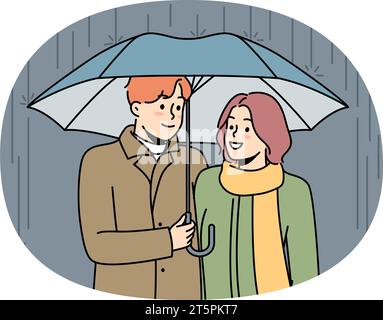 Glückliches Paar, das im Regen unter dem Schirm spaziert. Lächelnder Mann und lächelnde Frau genießen ein Date im Freien bei regnerischem Wetter. Beziehungskonzept. Vektordarstellung. Stock Vektor