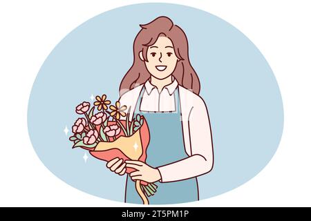 Portrait einer lächelnden Floristin in Schürze mit schönem Blumenstrauß. Glückliche Frau mit Blumen in den Händen, die in einem botanischen Laden arbeitet. Vektorgrafik. Stock Vektor