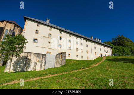 Außenansicht der Colegiata de Santa Maria in Roncesvalles, Spanien Stockfoto