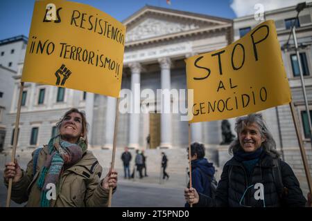 Madrid, Spanien. November 2023. Während einer pro-palästinensischen Kundgebung vor dem Abgeordnetenkongress, die zwischen dem 6. Und 11. November von verschiedenen sozialen Bewegungen zur Unterstützung Palästinas durchgeführt wird, halten die Demonstranten Antikriegsanzeige. Quelle: SOPA Images Limited/Alamy Live News Stockfoto